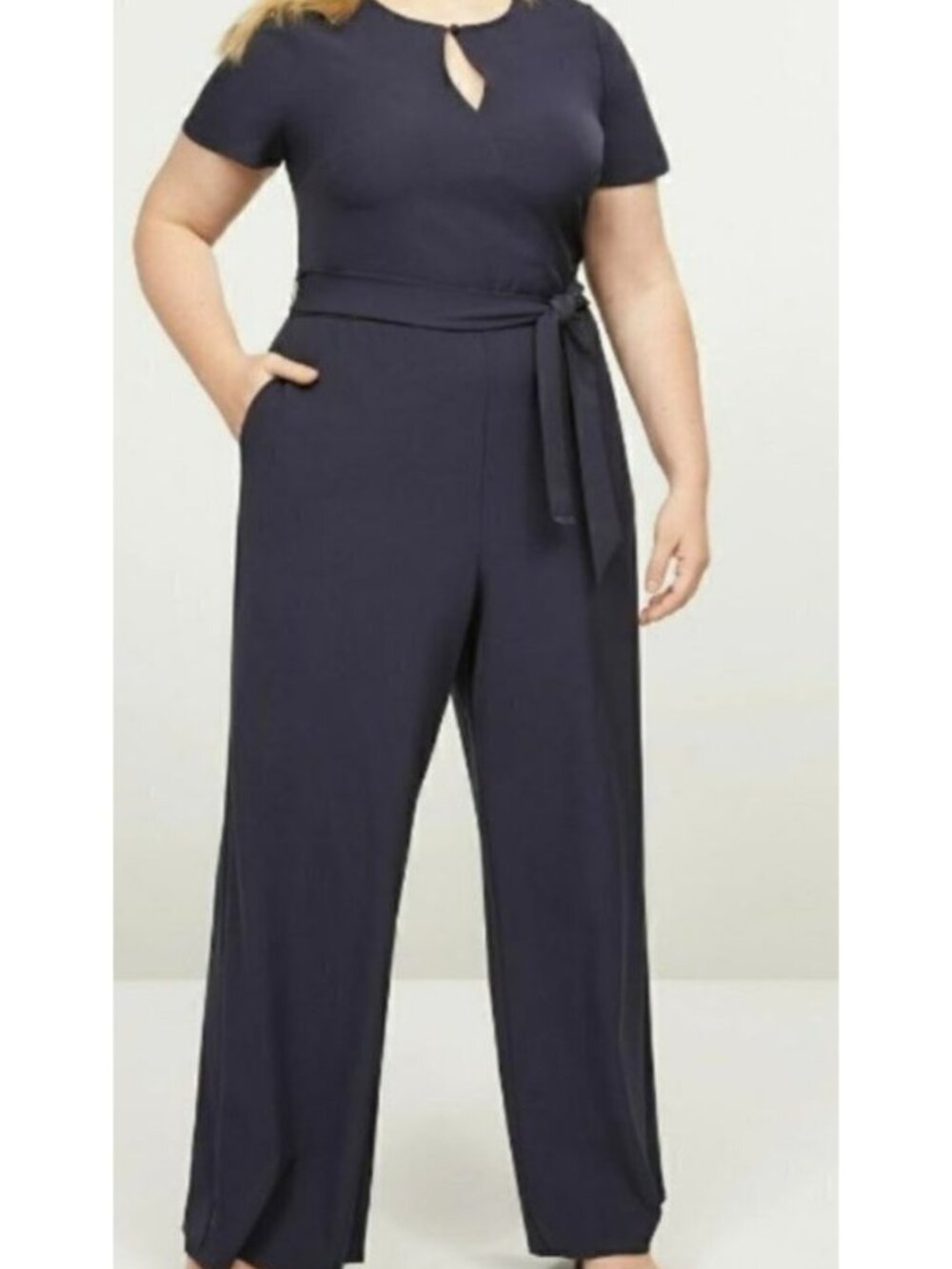 Lane Bryant Lena Blue Wide Leg Jumpsuit with Keyhole Neckline Size 28 Euc